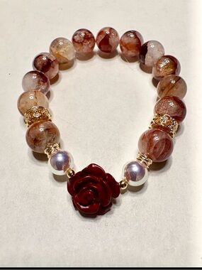Handcrafted Red Rose Bead Bracelet with Pearl-Style Accents